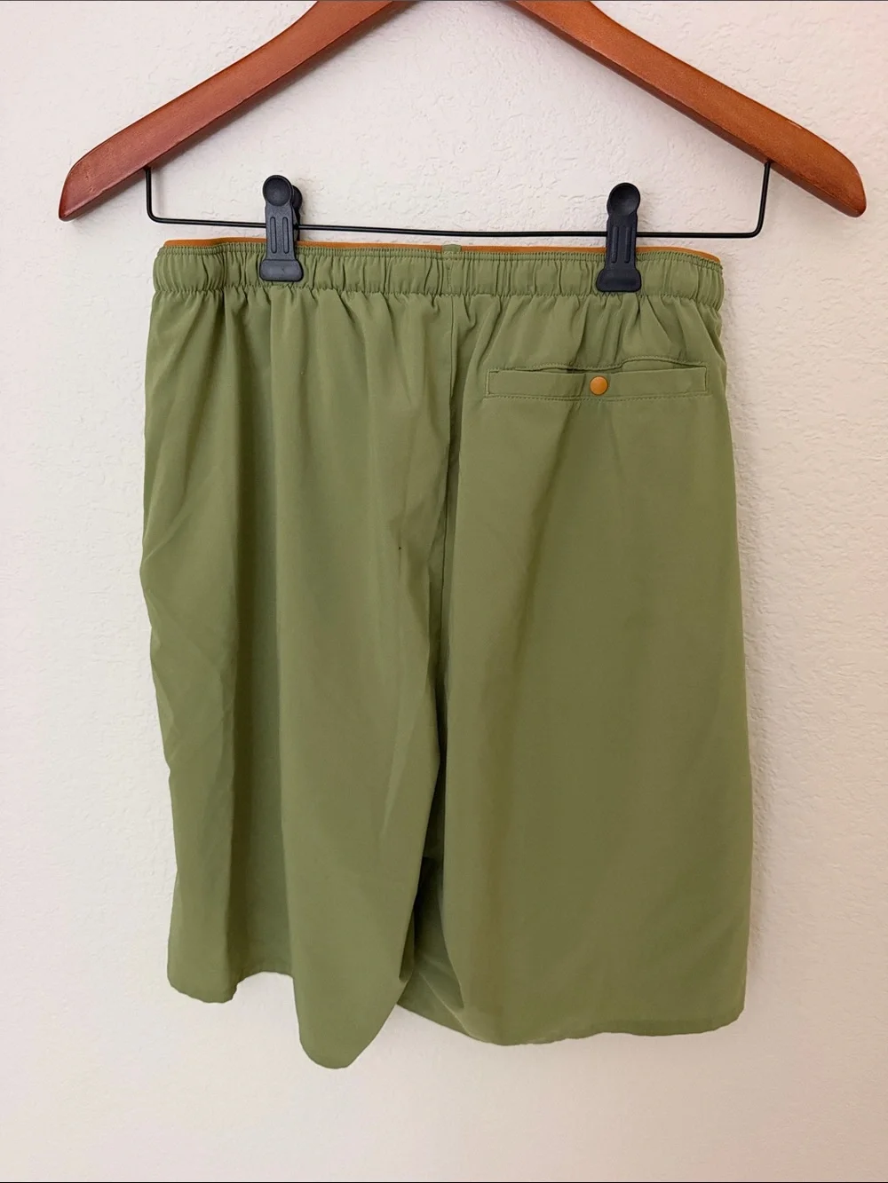 Patagonia Olive Green Athletic Shorts with Orange Accent